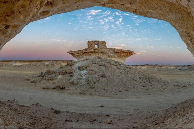 Doha: West Coast Tour Sculpture,Camel Racing Track Rock Formation - Zekreet Fort ruins: four watchtowers and an umbrella-shaped stone hut